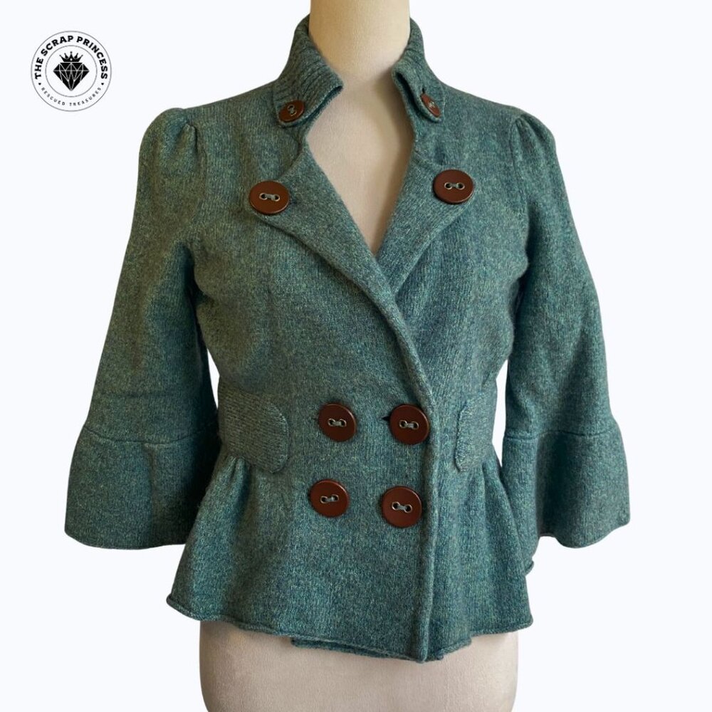 Anthropologie Charlie & Robin Teal Wool Blend Cropped Sweater Jacket